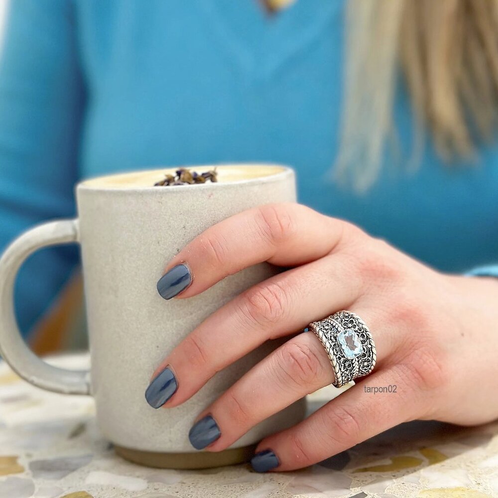 John Hardy JAI Blue Topaz+Floral Textured Saddle Band Sterling Silver Ring-7 NIB - Picture 13 of 15